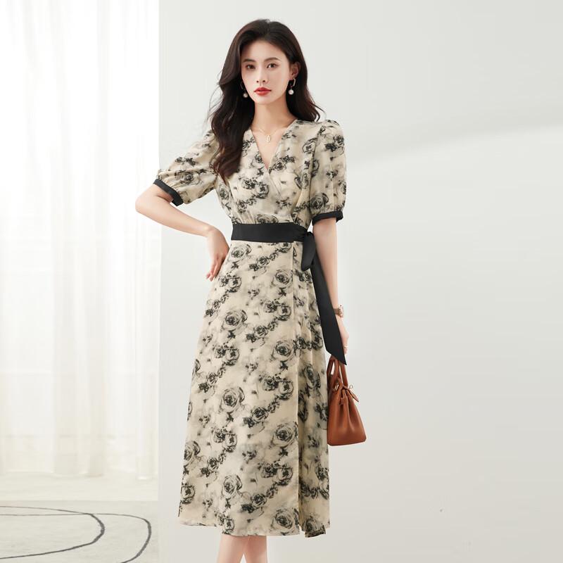 Iveni Tied Rose Print V-Neck Chiffon Dress