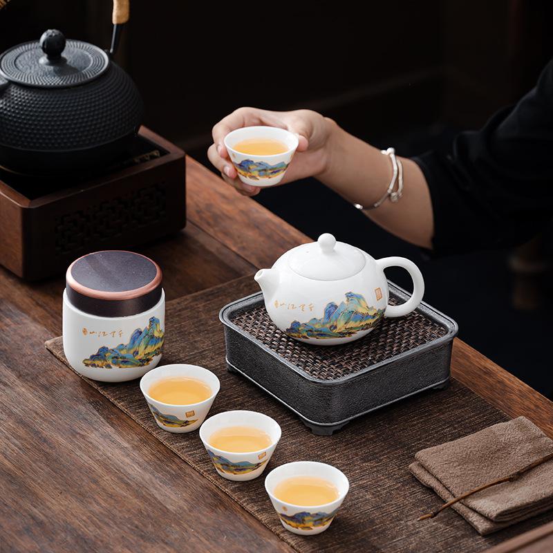 White porcelain suet jade set full set of kung fu tea set teapot teacup travel tea set