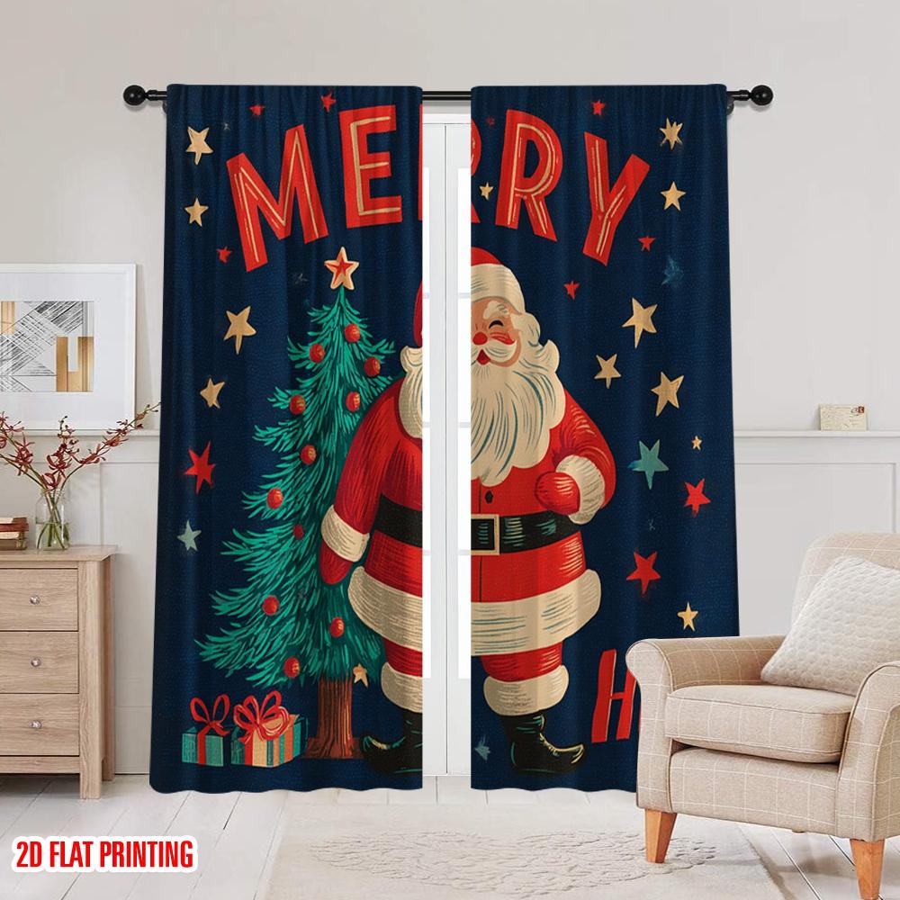 2 Stück, 2D-Flachdruck Vorhangstoff Weihnachtsmann & Verschneites Dorf Strapazierfähiger 100% Polyesterstoff (ohne Stange) Urlaubsnutzung für