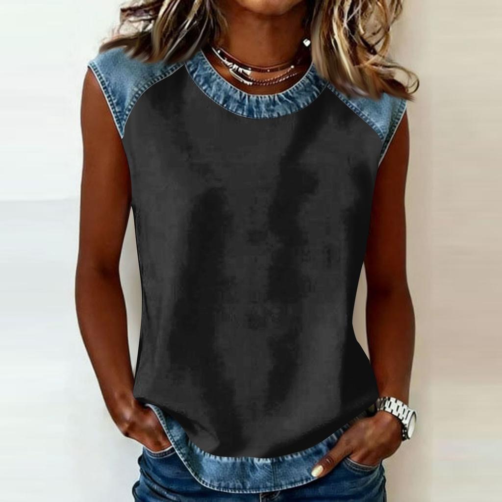 Sleeveless Crew Neck Top with Denim Trim Relaxed Fit Casual Shirt for Women Comfortable Design