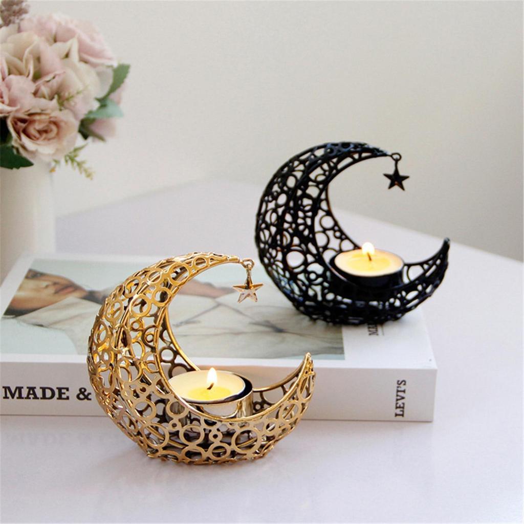 Crystal Pillar Candle Holders Moon Shaped Metal Candle Holders Moon Candle Stand Decorative Candlestick Holders for Table