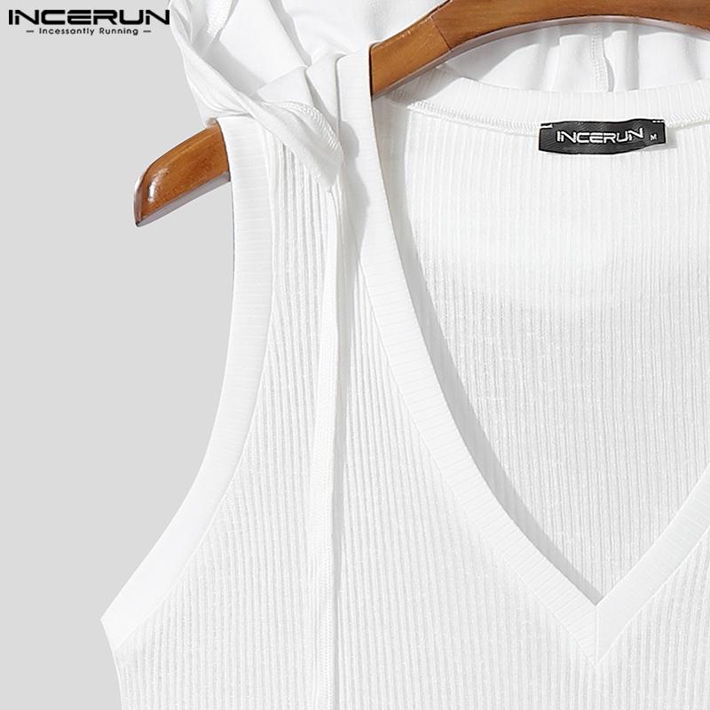 INCERUN Men V Neck Sleeveless Hooded Rib Casual Fitted Tank Tops with Oversleeve