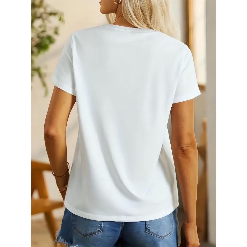 European sizesRound Neck Casual Top, White with Colorful Cat Design, Breathable & Comfortable for Spring/Summer, Casual Attire, Cat Tshirt
