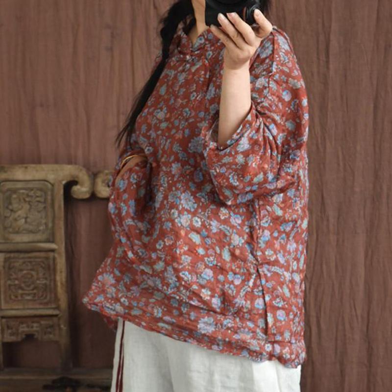 Johnature Women Ramie Shirts Print Floral Stand Long Sleeve Chinese Style Tops Spring Vintage High Quality Women Clothes