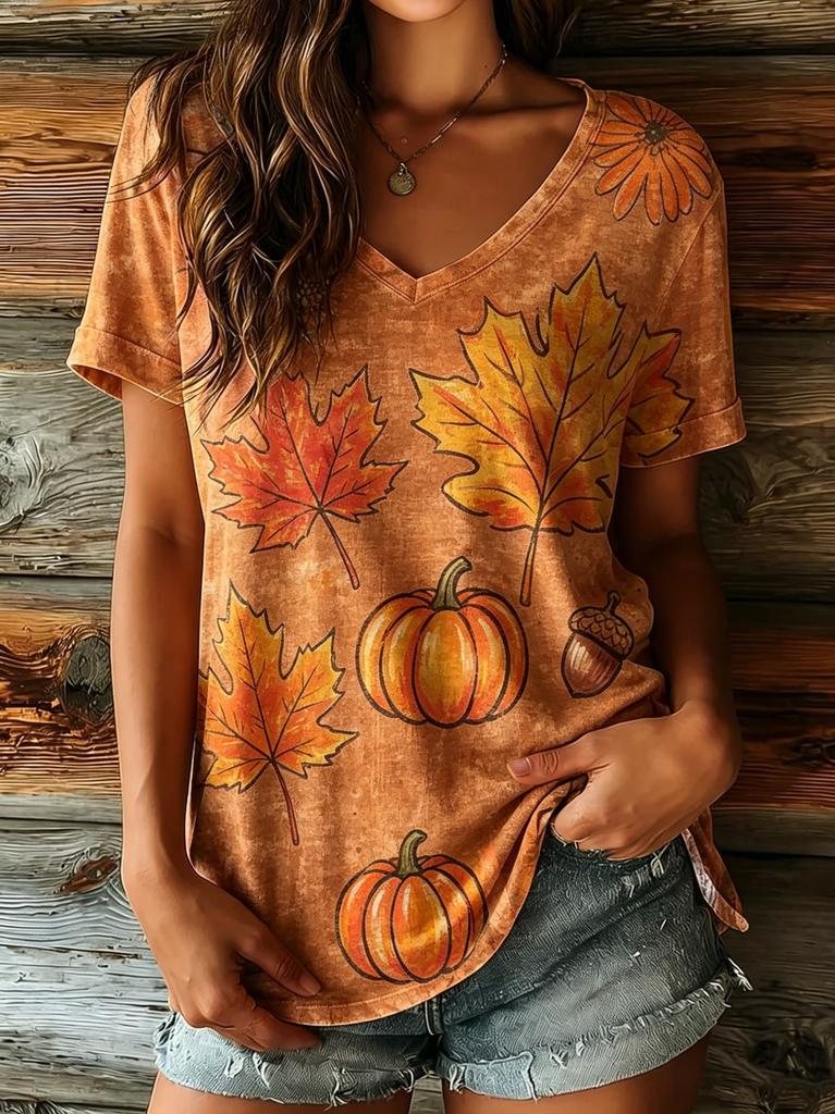 Women's V-Neck Beige Sunflower Rainbow & Hearts Print Short Sleeve T-Shirt, Casual Tops for Spring & Summer