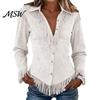 Western Cowgirl Outfit Women Tassel Shirt for Autumn, Button Down Slim Fit Fringe Elegant Date Night Shirts Blouse, Solid Color Casual Long