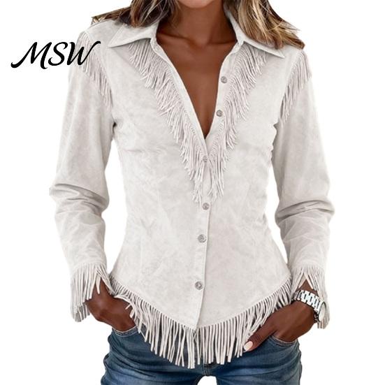 Western Cowgirl Outfit Women Tassel Shirt for Autumn, Button Down Slim Fit Fringe Elegant Date Night Shirts Blouse, Solid Color Casual Long