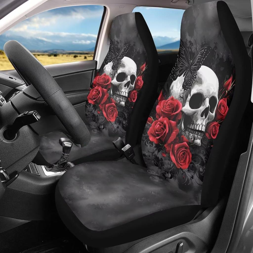 Bulopur Cute Black Gray Skull Set of 2 Car Seat Covers Universal Auto Front Seats Protector Fits for Car,SUV Sedan,Truck