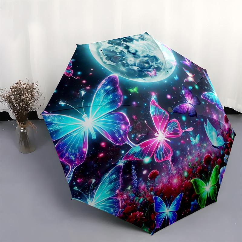 1pc Enchanted Night Garden with Butterflies and Moon Umbrella with Plastic Handle,Suitable for All Seasons Home Travel Outdoor UmbrellaDD1531