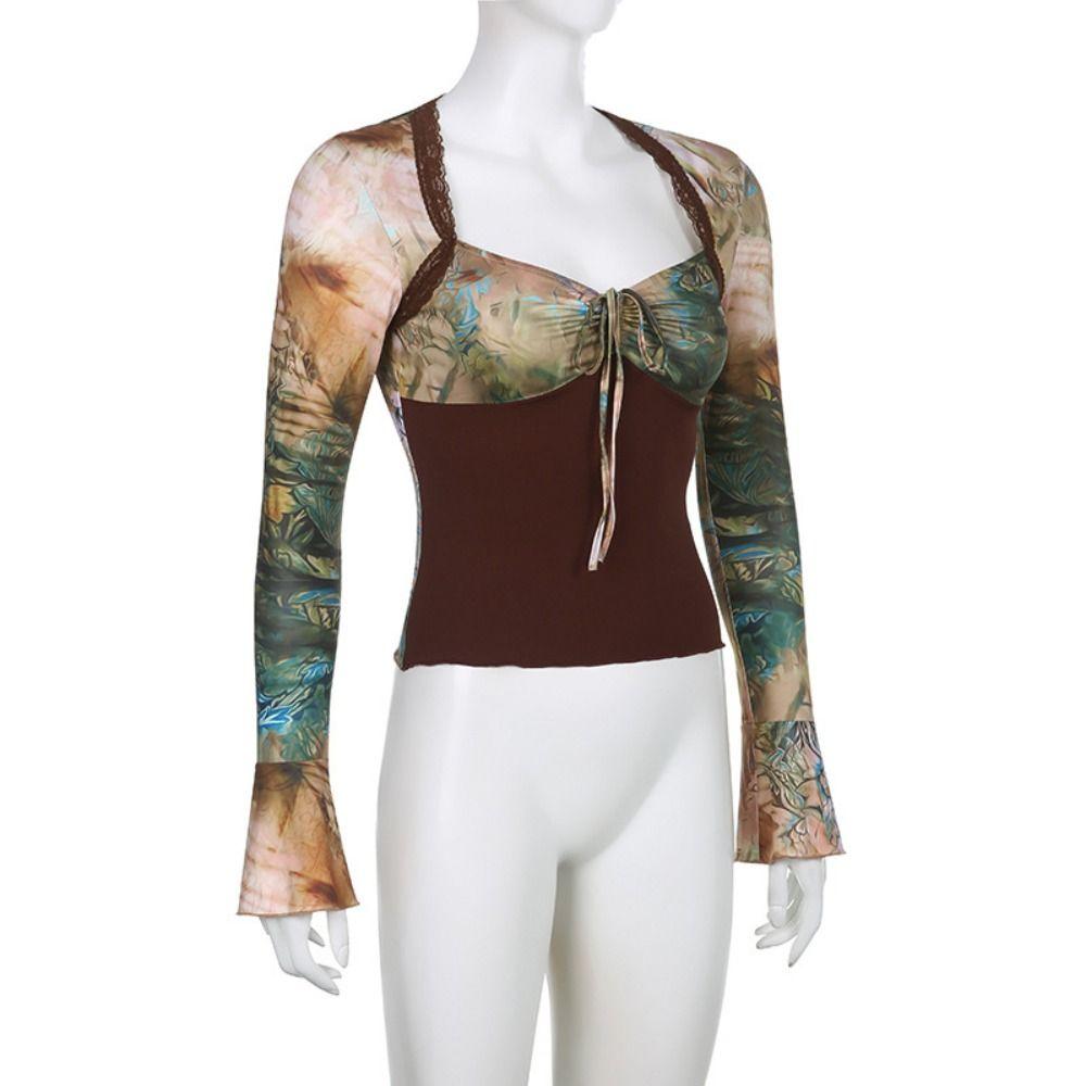 Long Sleeves Transparent Flower T-shirt Pleated Slim Crop Tops V-neck Printing Corset  Travel