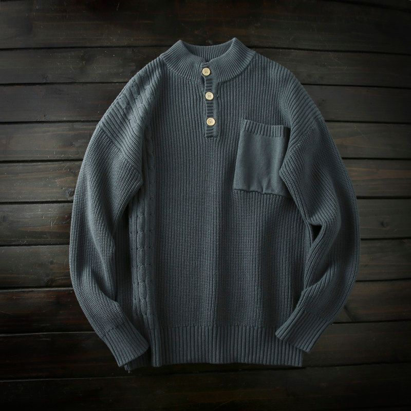 Japan fashion Order! Gok Pure Cotton! Foreign Trade Tail Goods Men's Autumn and Winter Thickened Half Button Stand Collar Knit Sweater
