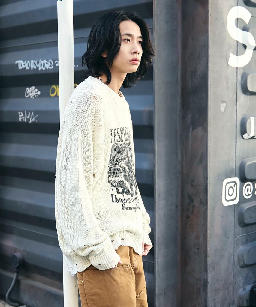 WEGO Graphic Distressed Knit Pullover Size Gift Men's Top, M, Off-White, Unisex, Streetwear, Casual, Spring, Autumn, Winter,