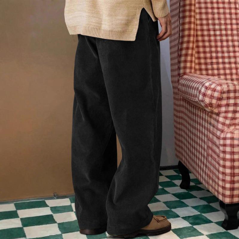 Men's Solid Color Corduroy Trousers Vintage Classic Ribbed Elastic Waist Micro-pleated Daily Pants