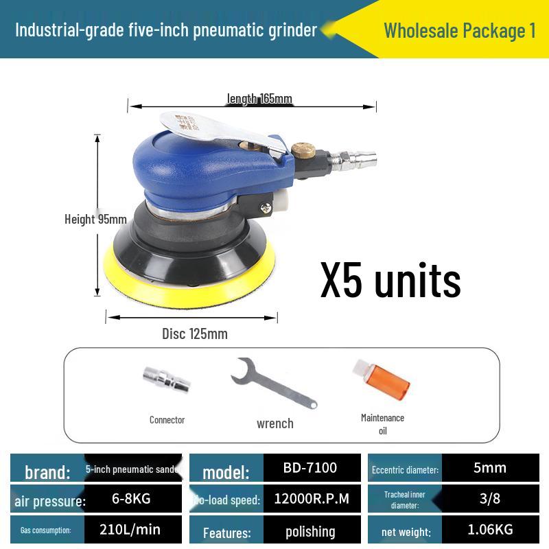 5-Inch Pneumatic Handheld Grinder & Polisher with Sandpaper & Waxing Head