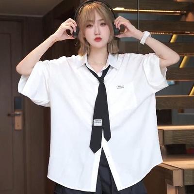 Mädchen Weiß mit Krawatte Hemd Sommer Locker Preppy Stil Umlegekragen Bluse Paar Kurzarm Lässige Oberteile