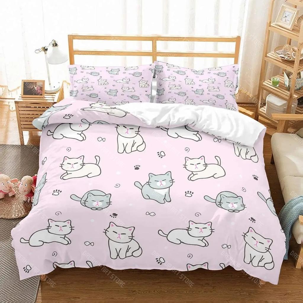 Boys Girls Animal Theme Cute Kitten Pattern 2_3pcs 3D Kids Cats Bedding Set Twin Size Green Cartoon Cats Bedding Set for Kids