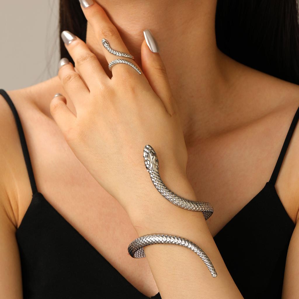 Punk Snake Bangles Ring Set For Women Snake Opening Cuff Bracelet Aesthetic Fashion Jewelry Pulseras Mujer Manchette