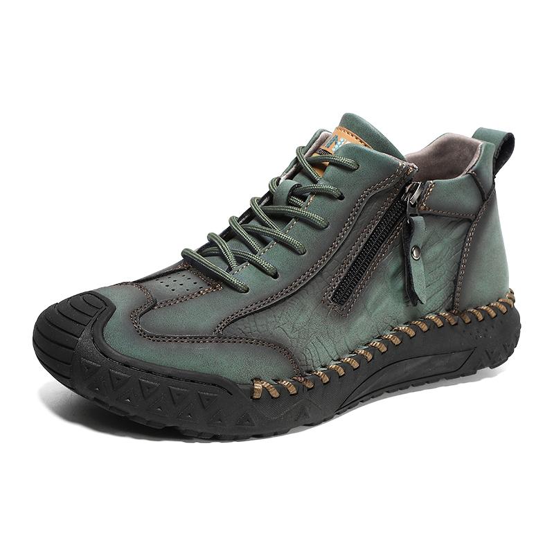 Fashion Mens Leather Casual Loafers Solid Color Sewing Style Vintage Hand Stitching Oxfords Shoes Ankle Boots Daily Work Office Shoes