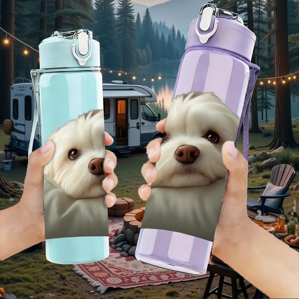 1PC White Puppy Lying On Pillow 750ml Color Plastic Sports Water Bottle Leakproof Flip Straw Lid Suitable for Sports Office Home Use