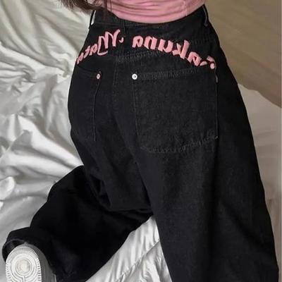 GlowGir Jean en Denim Taille Haute Point Sellier Imprimé Lettres Femme Été Nouveau Sle Doux Cool Fille Épicée Tendance Pantalon Long