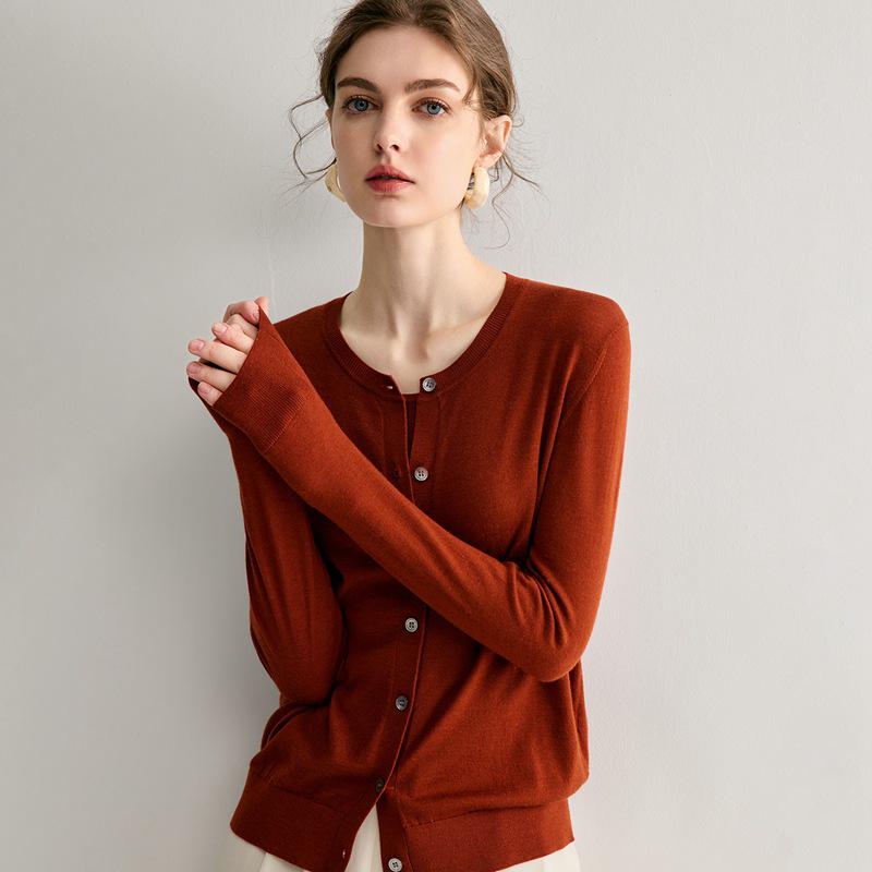 Women's Round Neck 100% Wool Knit Cardigan Sweater - Single-Breasted, Thin German Yangzi Yarn Design