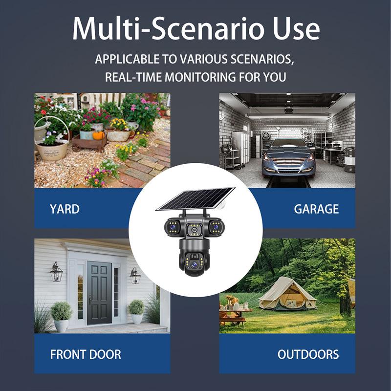 4G Three-Lens Solar Surveillance Camera with Triple-Screen View