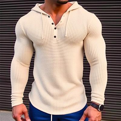 Neues langärmeliges T-Shirt mit Kapuze und Waffelmuster für Herren, Oberteil für den Urlaub, lässiges Modedesign, Winter, einfarbig, lockeres Oberteil