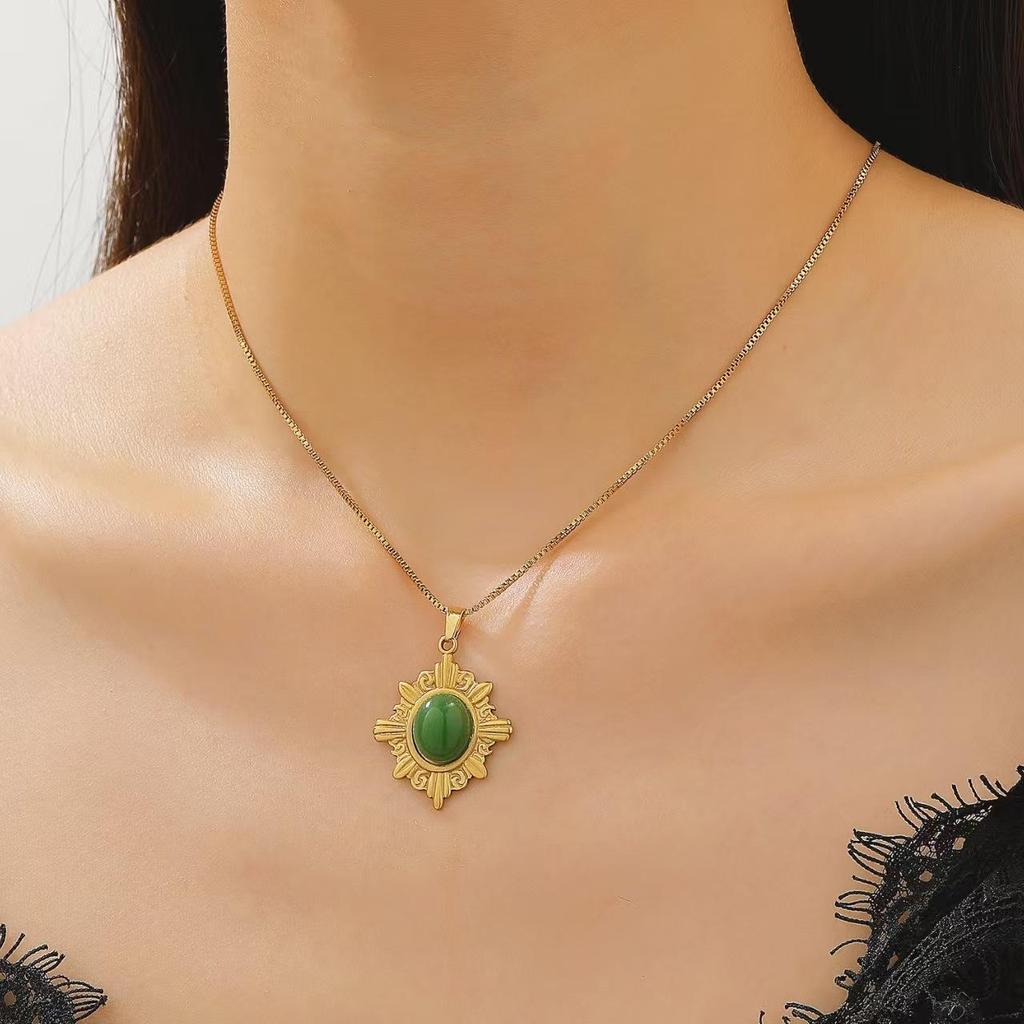 Fashion Geometry Stainless Steel Imitation Tiger Eye Stone Necklace Pendant Sweater Chain