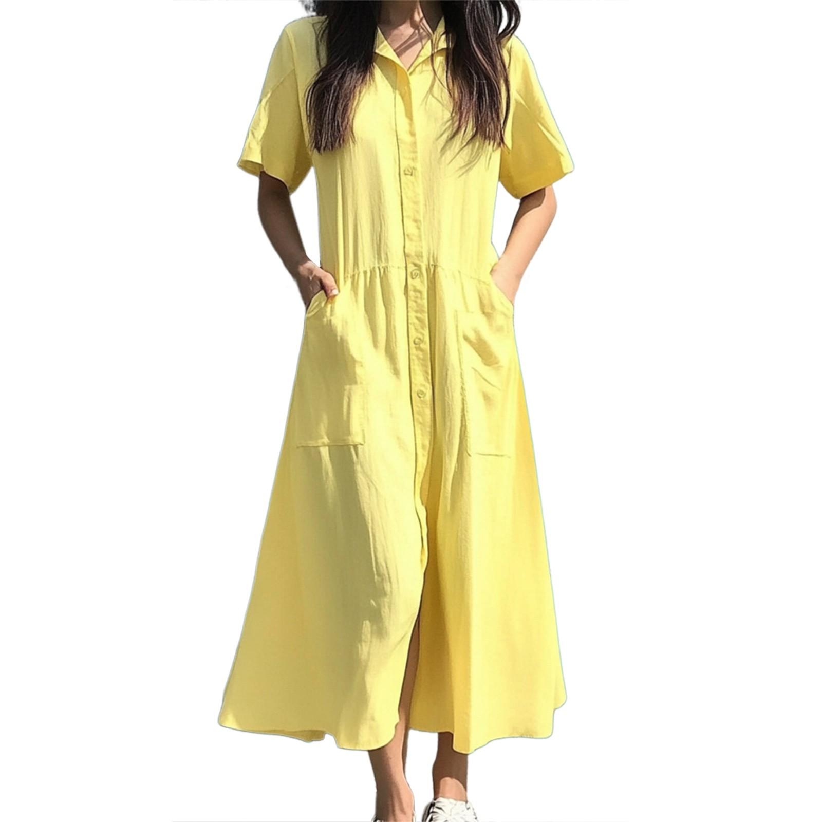 

Женская мода повседневная с коротким рукавом карман длинный кардиган многоцветная женская рубашка платье XL жёлтый