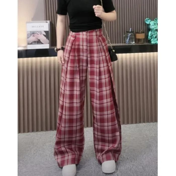 

Red plaid pants spring and autumn new narrow version straight loose retro casual small high waist wide leg trousers 2XL червоний