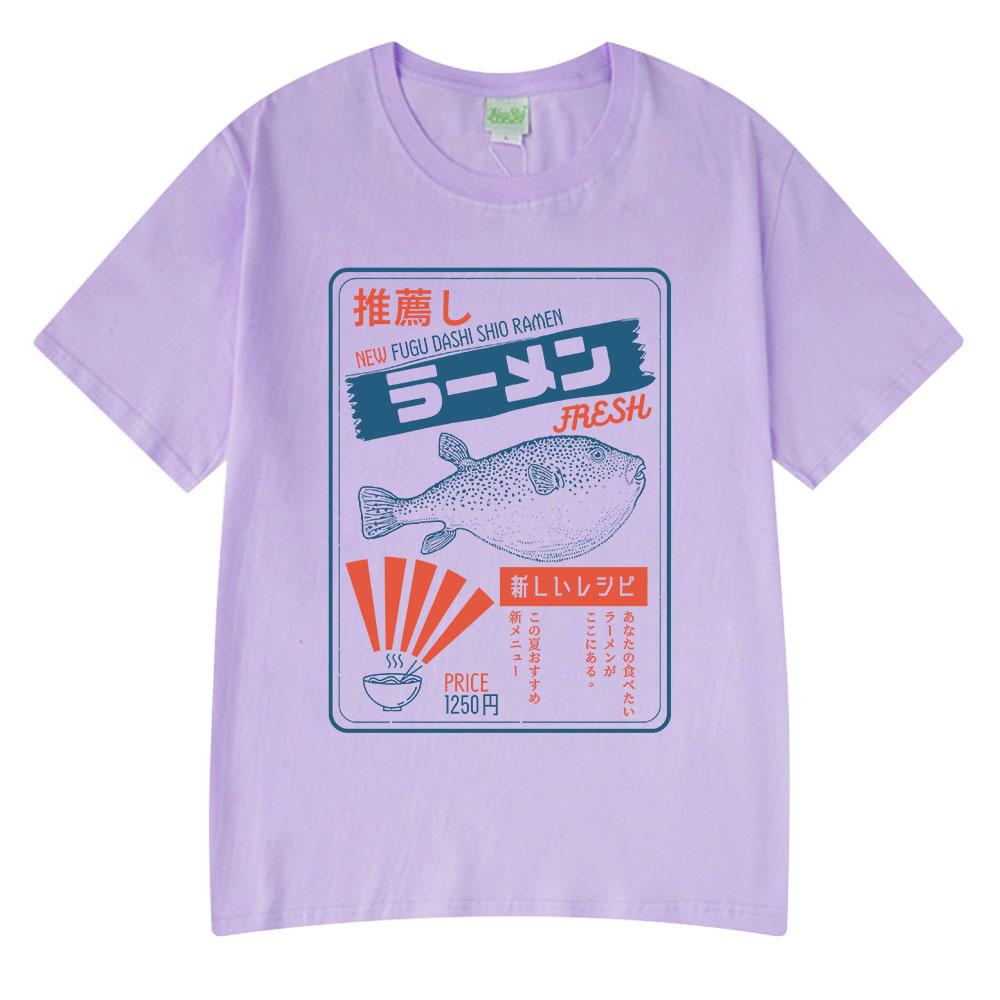 Vintage Fugu Puffer Fish Ramen T-Shirts Men Women Clothing Summer 100% Cotton Tee Shirt Fashion Crewneck Short Sleeve T Shirt