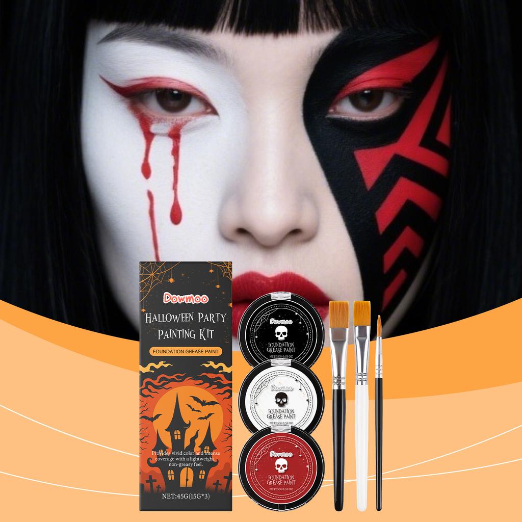 Dowmoo Halloween Face Body Paint Grease Paint Kit Black White Red Face Foundation Makeup with 3 Brushes Zombie Vampire Clown