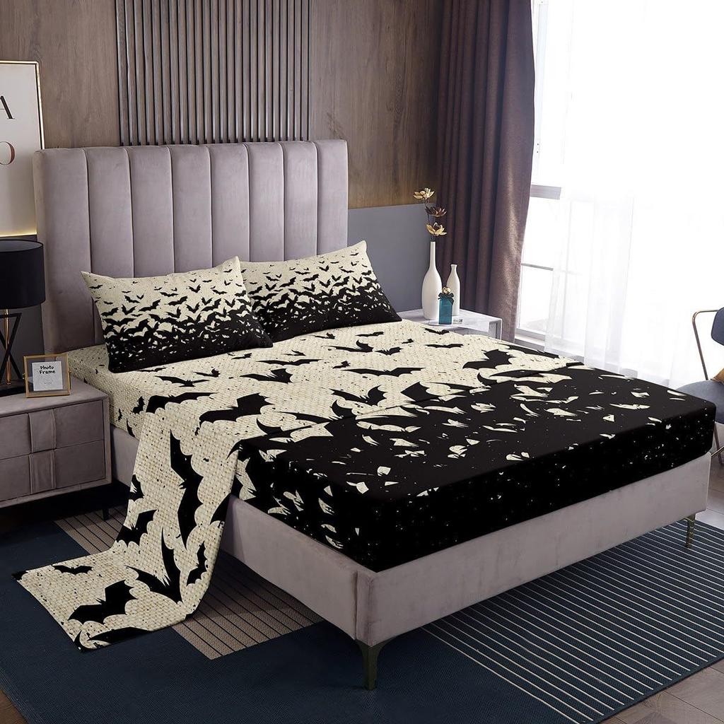 Halloween Bat Pattern Bed Hat Four-Piece Bedding Set Bedroom Dormitory Bedding Decoration