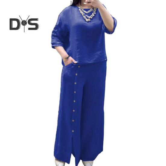 

Женский свободный комплект из двух предметов из хлопка и льна, топ с короткими рукавами и широкие брюки с разрезом, летний повседневный комплект для отдыха L королевский синий