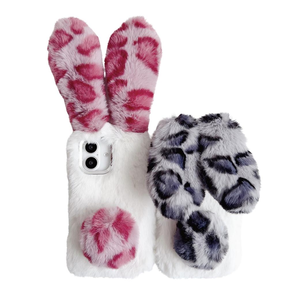 For iPhone 16 Case Fluffy Leopard Splicing Bunny Plush TPU Phone Cover