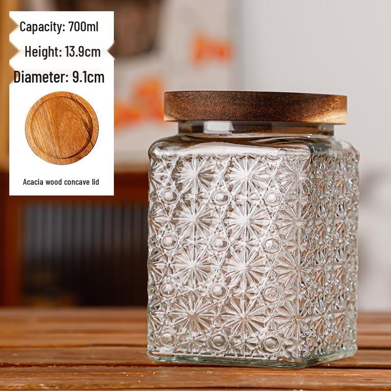 Retro Carved Storage Jar with Acacia Wood Lid for Grains, Dried Fruits, and Snacks
