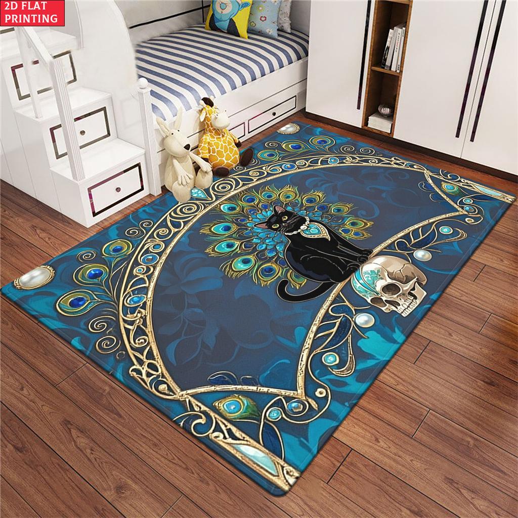 Gothic Black Cat & Peacock Feather Area Rug,Bohemian Skull Print Floor Mat, Vintage Carpet for Living Room Bedroom Home Decor