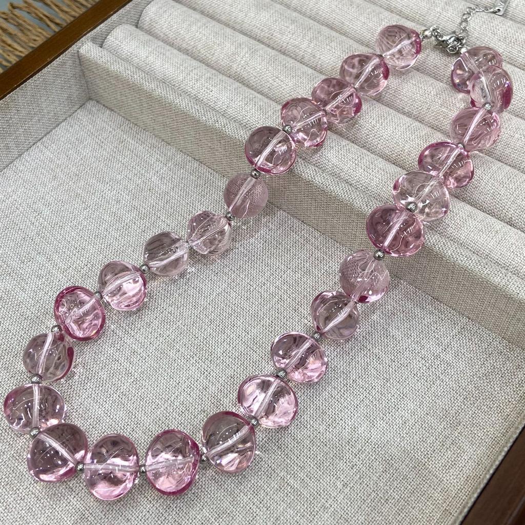 Blogger With The Same Color Dopamine Color Pink Beaded Necklace Female Fashion High Sense Ice Transparent Clavicle Chain