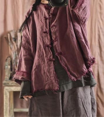 Women Vintage Linen Solid Color Jackets Button Chinese Style Women Clothes Autumn Long Sleeve Coats