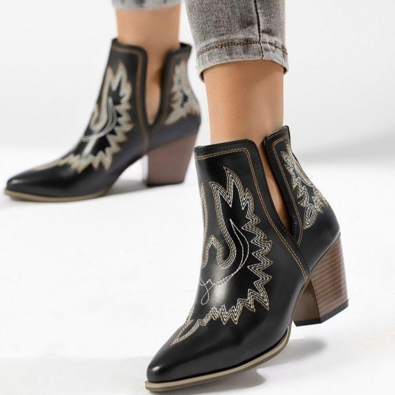 Printed Embroidery Pointed Square Heel Chelsea Boots Autumn New Short Tube Style Women's Boots Women