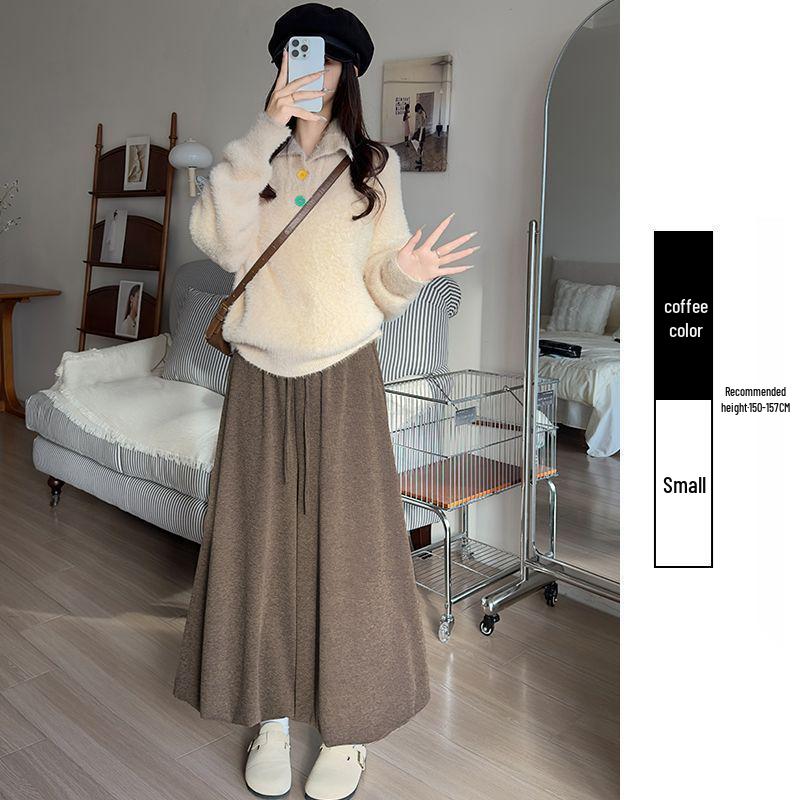 

Plus-Size Petite Loose Knit Wide-Leg Pants with Velvet, Light Rice Color, Autumn/Winter Style. S 40-50 kg