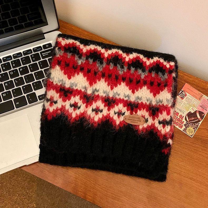 Fair Isle Green Knitted Wool Scarf Women's Winter Christmas Atmosphere Thickened Versatile Warm Cold-Proof Neck Warmer