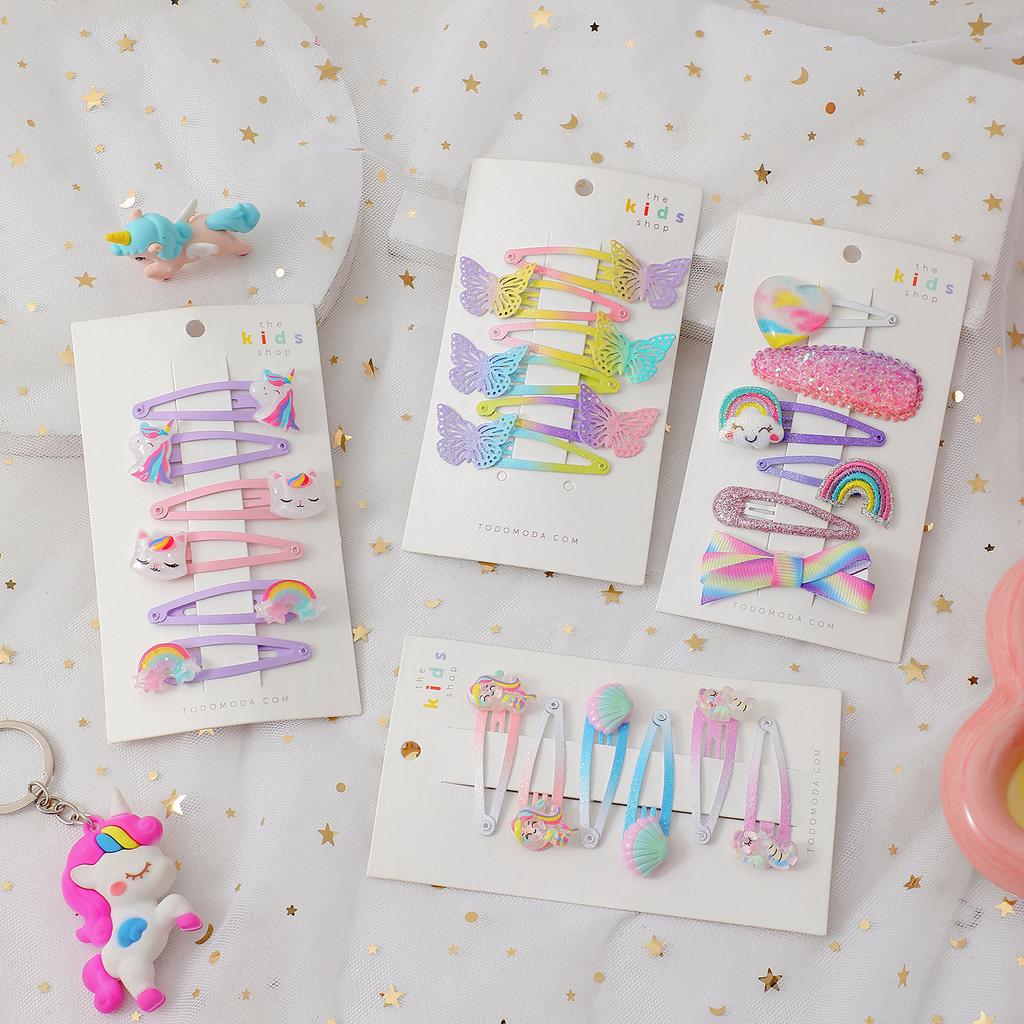 6 stk/sett Kawaii Tegneserie Enhjørning Hårklemme Regnbue Hårklemme Jente Søt Sommerfugl Hårtilbehør Hodeplagg Mote Barn Gaver