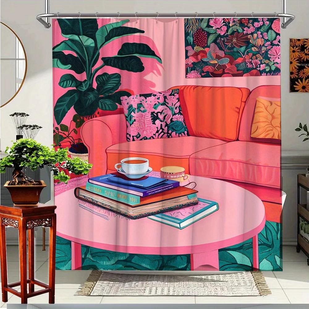 

1Pc Vibrant Sofa & Tropical Plants Shower Curtain With Coffee Table Books Design - Cozy Living Room Atmosphere, 180X200Cm W60H190(CM)-1 Pcs