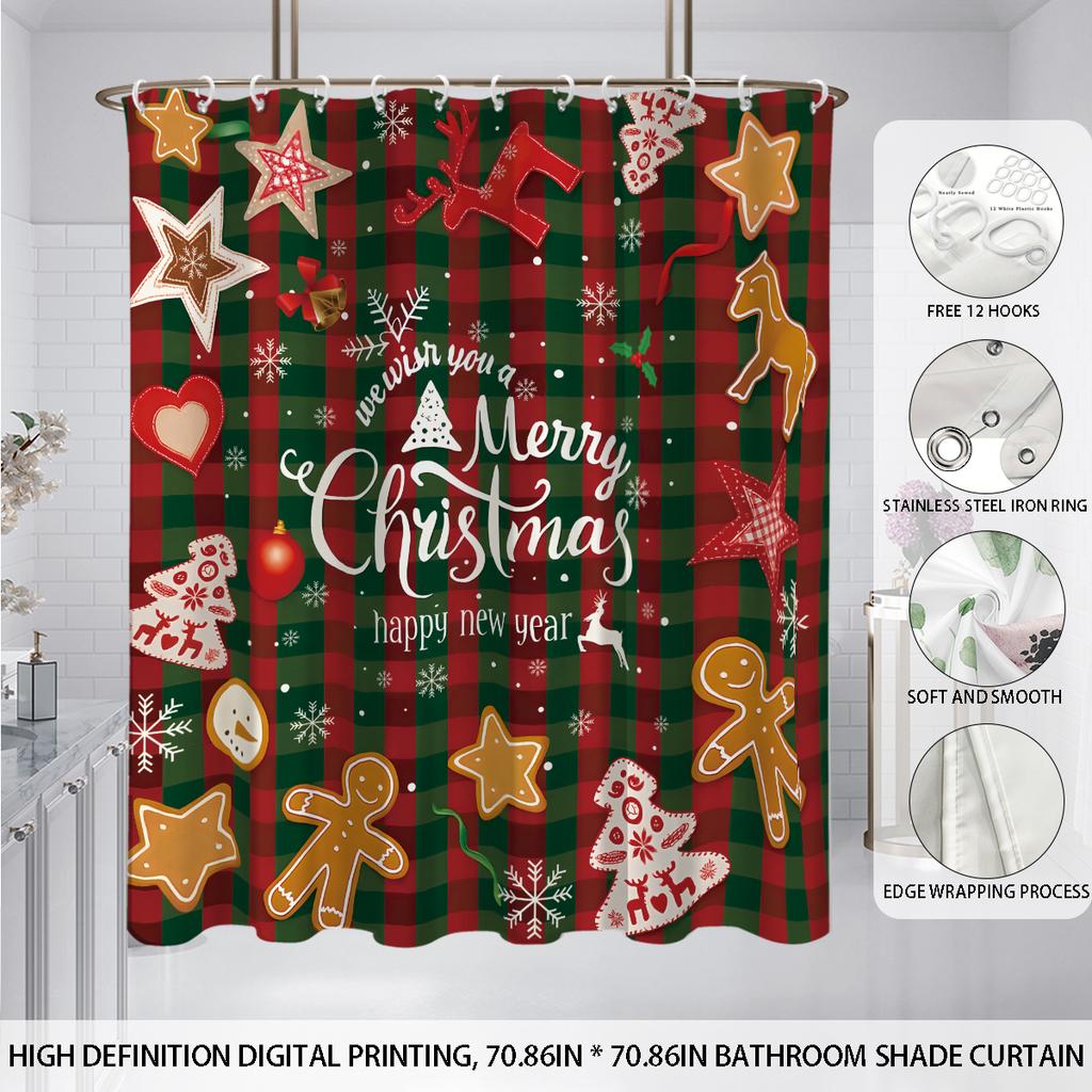 1pc Christmas Gingerbread Print Waterproof Holiday Shower Curtain Bathe Partition Privacy Multi Size 12 Hooks Easy Installation