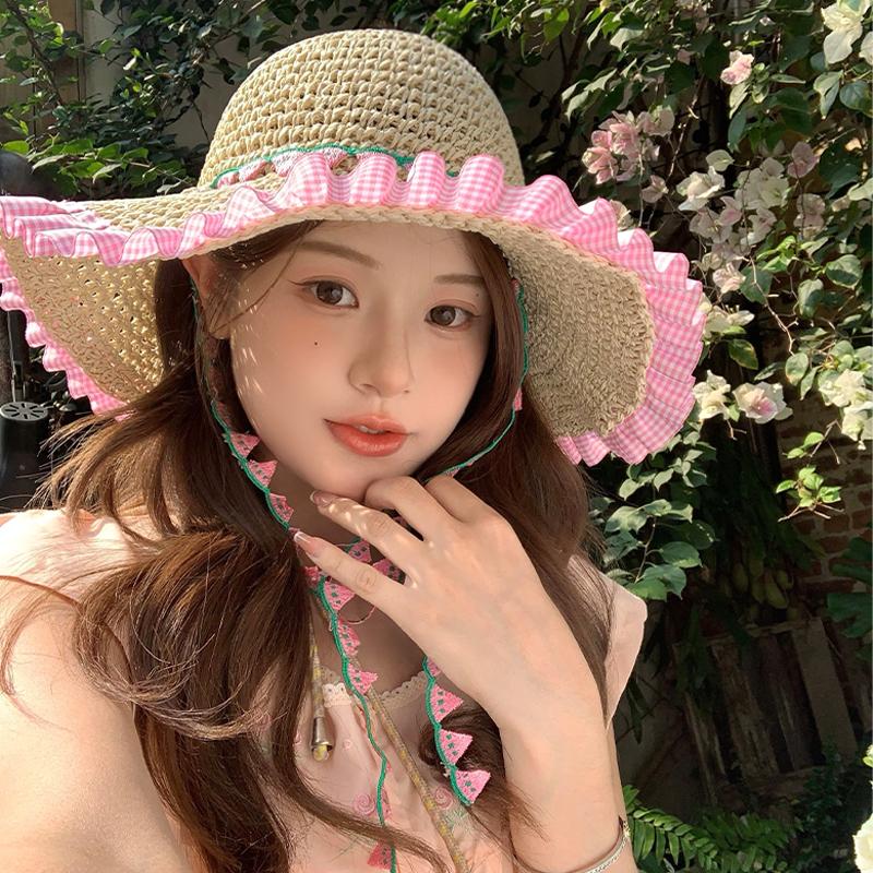 

Pink strappy straw hat women s summer seaside big brim sun hat beach vacation wind shade sun protection hat parent-child Child (52-54cm) бежевий