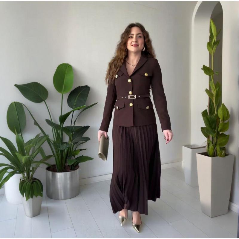 2025 Spring European & American Belted Button Coat with Pleated Skirt Set