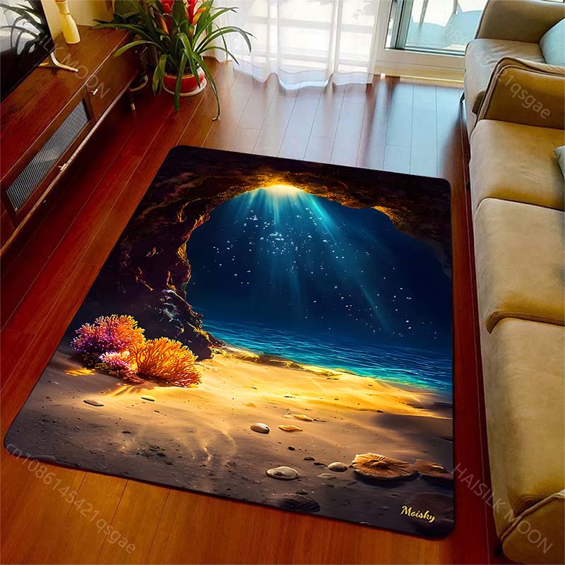 1PC Underwater cave sunlight seafloor Print Carpet Rug for Living Room Bedroom Sofa Doormat Home Decor Non-slip Floor Mat