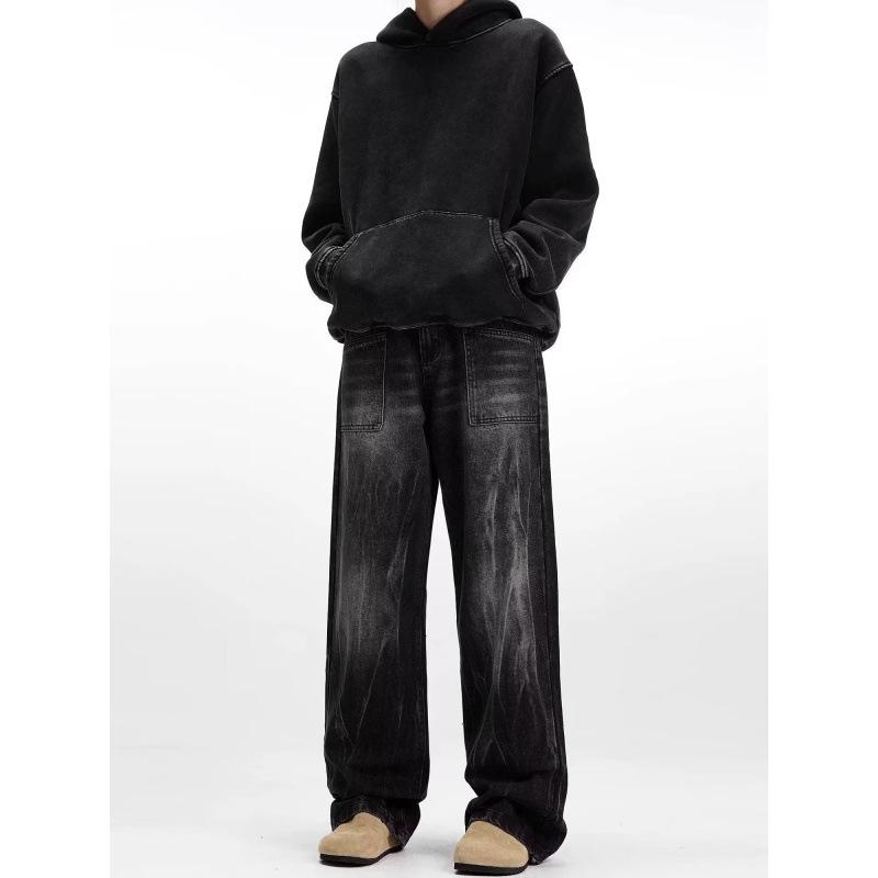 JYL Men's Straight Jeans European Trendy Black Washed High-Street Denim Pants
