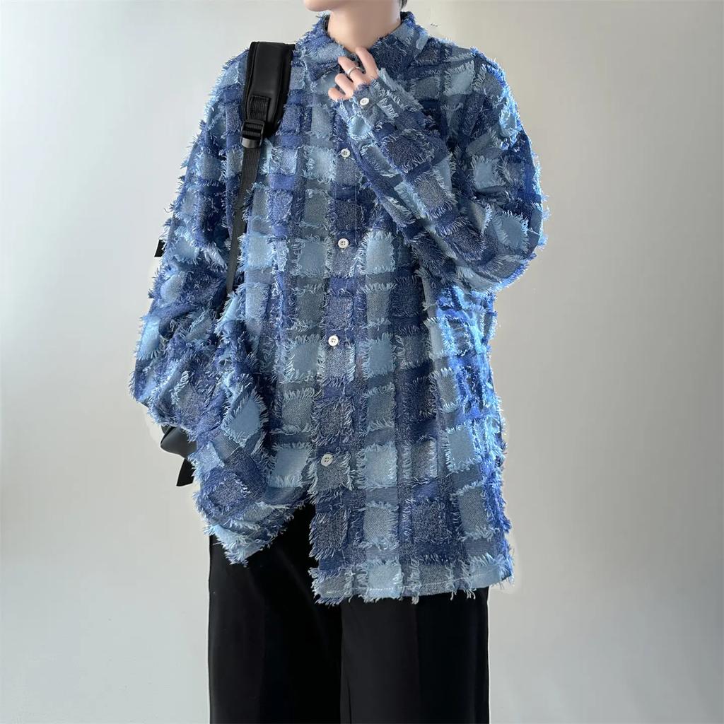 2026 Spring Men Korean Striped Plaid Shirts Men Fashion Harajuku Casual Oversized Shirt Men Streetwear Print Shirt Men Clothing